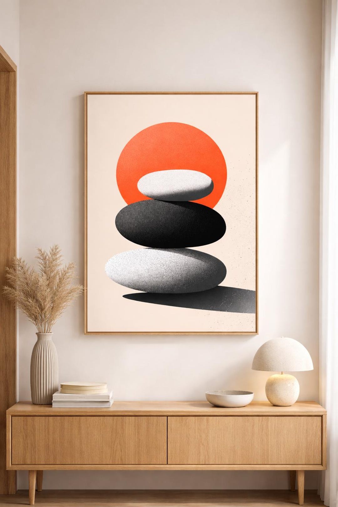 Zen Stone Stack Print, Japandi Art, Red Sun (digital Download) - Etsy