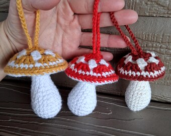 Handmade Crocheted Cotton Mushroom /Rear view mirror/ keychain charm/Christmas tree ornament/ Decorative