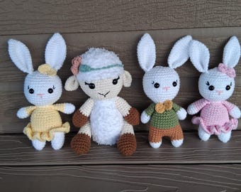 Handmade Crocheted Cotton Bunny and Lamb Amigurumi Toys