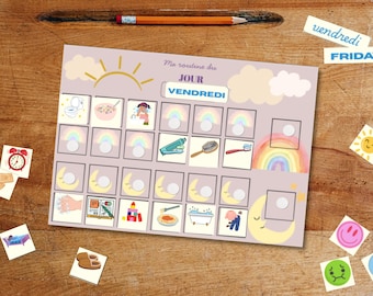 May include: A child's daily routine chart with illustrations of activities like eating cereal, brushing teeth, and playing. The chart includes the word "FRIDAY" and is decorated with a sun, clouds, and a rainbow. A pencil and stickers are also present.