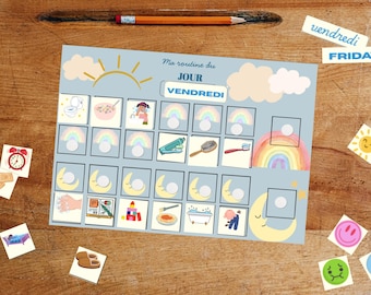 May include: A light blue daily routine chart with illustrations of various activities, including eating cereal, brushing teeth, and taking a bath. The chart has the text "Ma routine du JOUR VENDREDI" and "FRIDAY" on the top. There are also several small stickers.