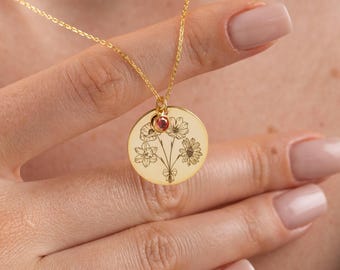 Personlig blombukett för familjen, halsband med födelsesten, specialgraverade smycken, halsband med flera födelseblommor