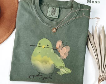Cute Bird With Flower T-Shirt, Soft Nature Lover Gift. Comfort Colors Vintage Style Graphic Tee for Women Men, Spring Aesthetic Shirt