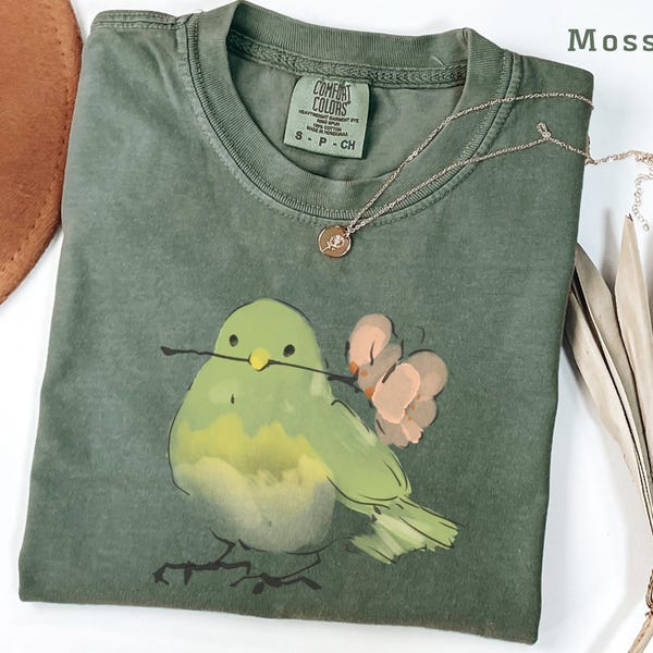 Cute Bird With Flower T-Shirt, Soft Nature Lover Gift. Comfort Colors Vintage Style Graphic Tee for Women Men, Spring Aesthetic Shirt