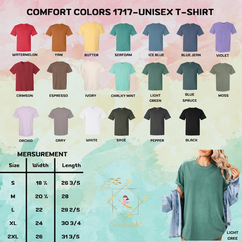 Puede incluir: Una exhibici&oacute;n de camisetas unisex Comfort Colors 1717 en varios colores, como Crimson, Sage y Black. La imagen incluye una tabla de tallas con medidas en cent&iacute;metros, con una anchura de 46 cm para la talla S y una longitud de 67 cm.