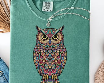 Comfort Colors Owl T-shirt, Retro Boho Owl Shirt, Floral Mandala Bird Graphic Tee, Nature Lover Gift, Hand Drawn Aesthetic Owl Outfit
