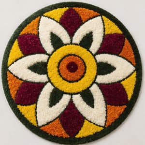 May include: A circular tufted rug featuring a symmetrical floral mandala pattern. The design consists of a central orange circle surrounded by alternating white, deep red, yellow, and orange petals, all bordered by a dark forest green outer ring.