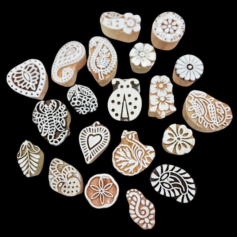 Mix 10+2 Pieces Set Wood Block Printing Stamps – Indian Handmade image 2