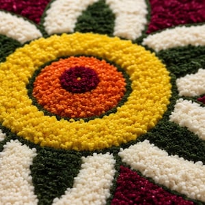 May include: A tufted textile piece featuring a circular floral pattern with a deep red center, surrounded by concentric rings of bright orange, yellow, and white petals, interspersed with dark green accents in a dense, textured loop pile finish.