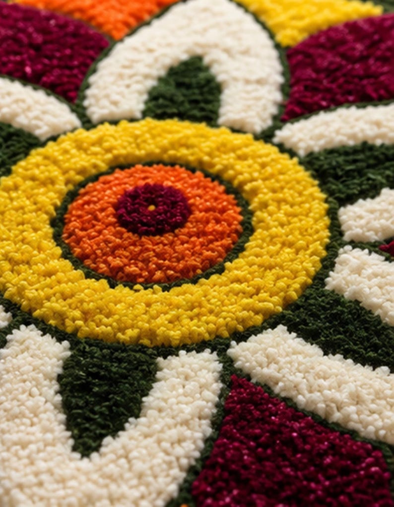 May include: A tufted textile piece featuring a circular floral pattern with a deep red center, surrounded by concentric rings of bright orange, yellow, and white petals, interspersed with dark green accents in a dense, textured loop pile finish.