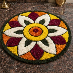 May include: A circular rug featuring a central floral pattern with concentric rings of yellow, orange, and deep red. The design includes white and dark green petal-shaped segments arranged in a symmetrical, radiating layout with a textured finish.