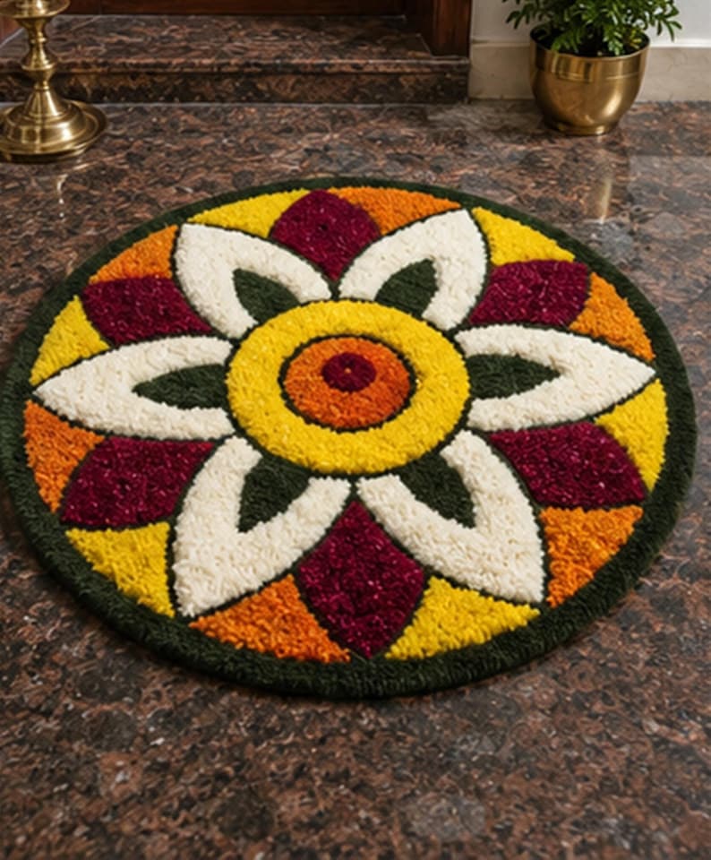 May include: A circular rug featuring a central floral pattern with concentric rings of yellow, orange, and deep red. The design includes white and dark green petal-shaped segments arranged in a symmetrical, radiating layout with a textured finish.