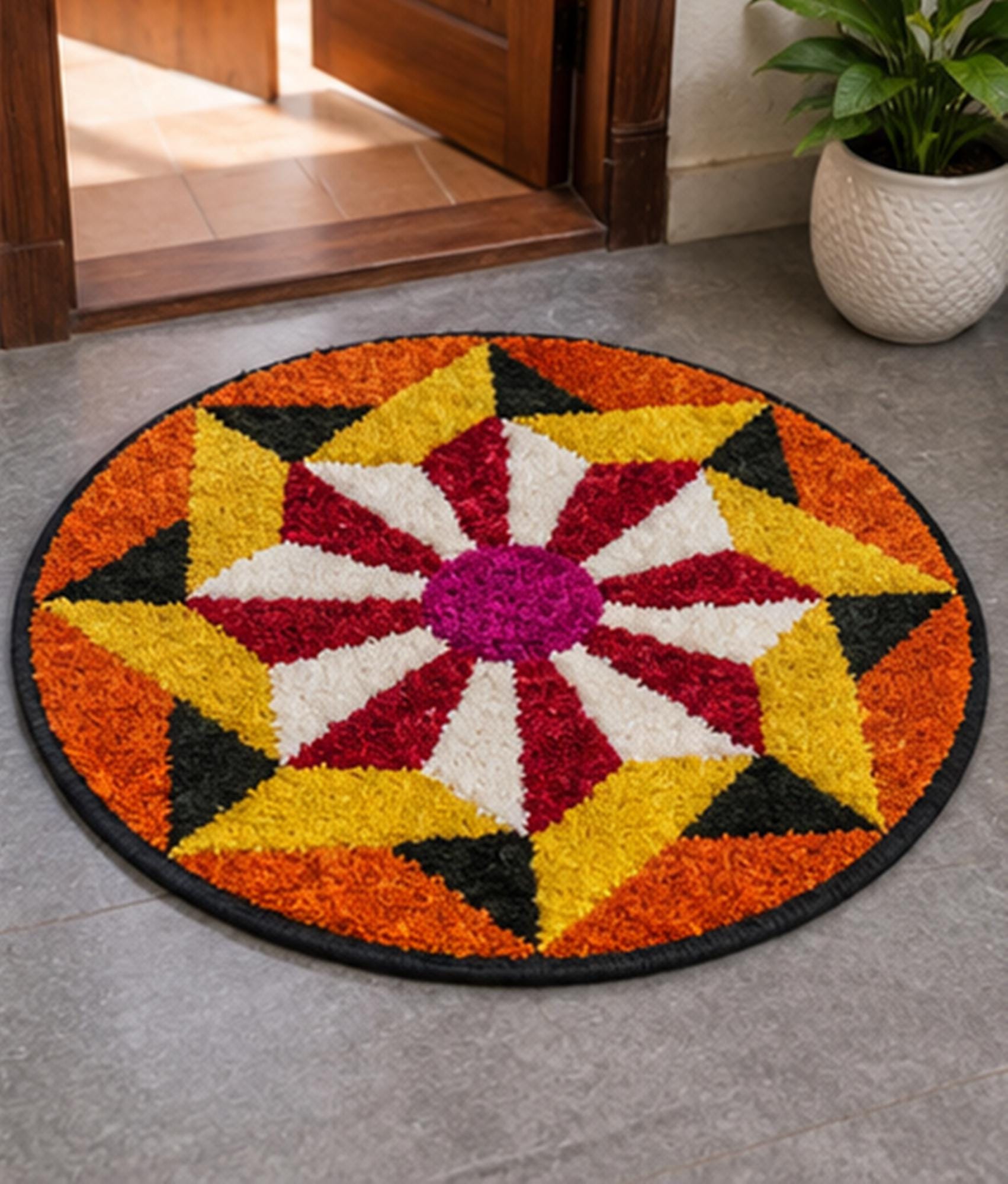 Round Floral Rangoli Rug, Indian Mandala Floor Mat, Festival Door Mat