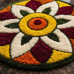 May include: A circular tufted rug featuring a vibrant floral mandala pattern. The design consists of a central dark red circle surrounded by concentric rings of bright yellow, orange, deep maroon, forest green, and cream-colored yarn textures.