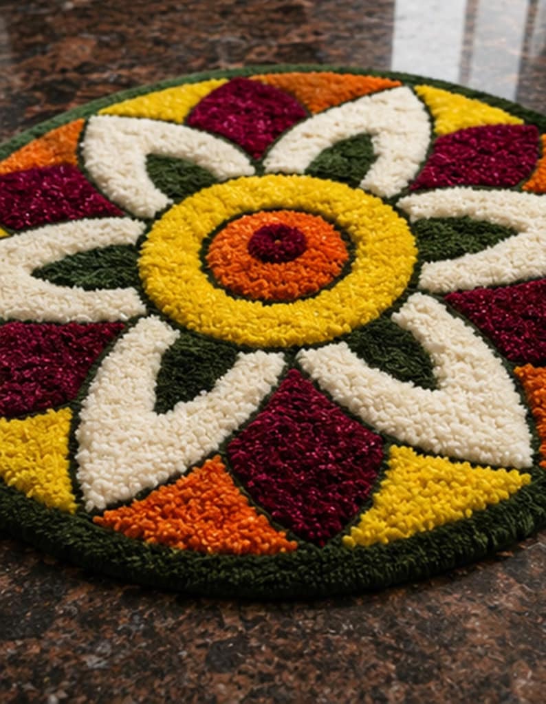 May include: A circular tufted rug featuring a vibrant floral mandala pattern. The design consists of a central dark red circle surrounded by concentric rings of bright yellow, orange, deep maroon, forest green, and cream-colored yarn textures.