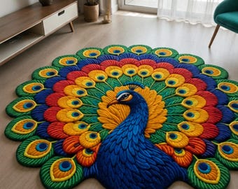 May include: A circular area rug shaped like a peacock with its tail feathers fanned out. The design features a central blue peacock head and neck surrounded by concentric layers of vibrant yellow, red, green, and blue feather patterns.