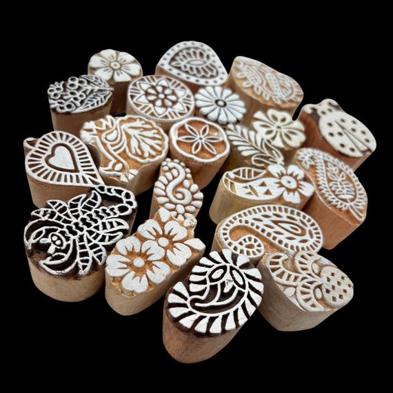 Mix 10+2 Pieces Set Wood Block Printing Stamps – Indian Handmade