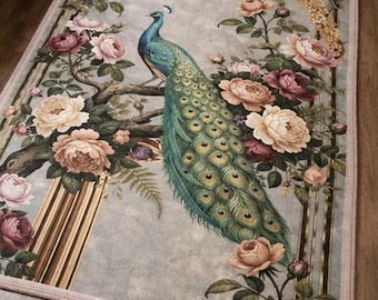 May include: A rectangular area rug featuring a central peacock perched on a branch, surrounded by blooming pink and cream roses. The design includes ornate gold architectural columns and arches on a light blue background with a light pink border.