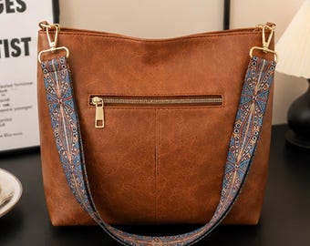Brown Hobo Bag, Slouchy Tote with Embroidered Guitar Strap, Vegan Leather Shoulder Bag