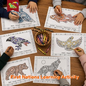 Puede incluir: Seis páginas para colorear con diseños de animales de las Primeras Naciones, incluyendo una orca, salmón, cuervo, águila, oso y lobo, cada una con texto descriptivo. Una cesta tejida llena de lápices de colores está en el centro.