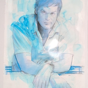May include: Watercolor portrait of a man in a light blue shirt, with blue watercolor washes. The artwork features a detailed face and hands, with a watch on the wrist. The overall style is a blend of sketch and watercolor.