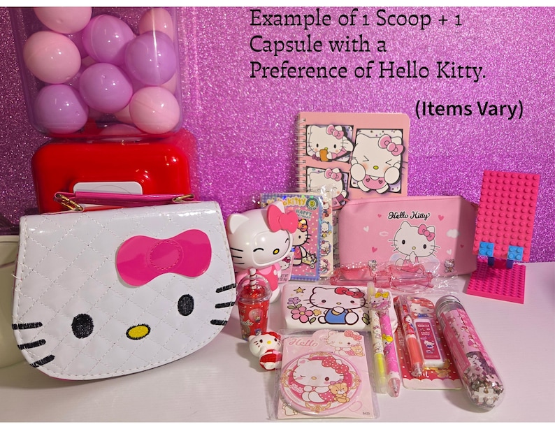 May include: A collection of Hello Kitty themed stationery and accessories including a white quilted handbag, a pink pencil case, a spiral notebook, pens, a small figurine, a pink plastic stand, and various small items labeled Example of 1 Scoop + 1 Capsule with a Preference of Hello Kitty. (Items Vary).