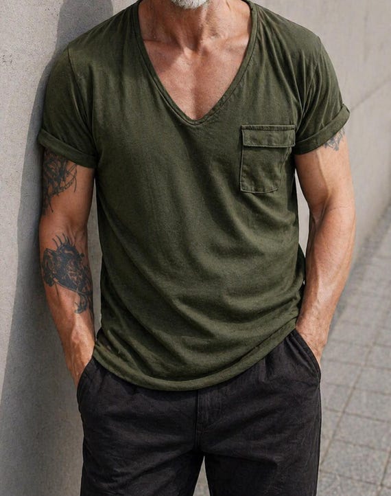 Men’s Cotton V Neck T Shirt Casual Summer Outfit Travel Vacation Camping Style