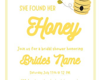 She Found Her Honey Bridal Shower Invitation Bundle, Bee Theme, Editable Canva Template