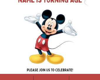 Paquete de invitación de cumpleaños y cartel de bienvenida de Mickey Mouse / Plantilla editable de Canva (descarga digital)
