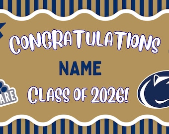 Pancarta de graduación de Penn State, decoración azul y blanca para fiesta de graduación, plantilla personalizable de Canva (descarga digital)