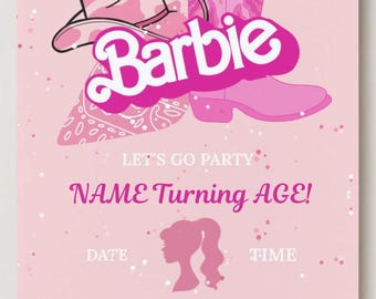 Invitación de cumpleaños de Barbie Vaquera y cartel de bienvenida / Fiesta vaquera rosa (Plantilla editable de Canva)