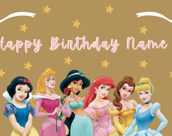 Plantilla editable para pancarta de cumpleaños de princesas Disney, pancarta de feliz cumpleaños de princesas en Canva, decoración para fiesta de cumpleaños de niña