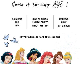 Paquete de plantillas editables para invitación de cumpleaños y cartel de bienvenida de princesas Disney, invitación para fiesta de princesas, plantilla de Canva para cumpleaños de niña