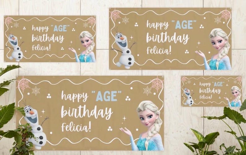 Puede incluir: Un conjunto de pancartas de cumplea&ntilde;os con Elsa y Olaf de Frozen. Las pancartas son de color marr&oacute;n claro con texto blanco que dice "happy 'AGE' birthday Felicia!" y copos de nieve y remolinos decorativos. Las pancartas vienen en varios tama&ntilde;os.
