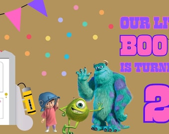 Banner "Nuestro pequeño Boo cumple 2 años", decoración para fiesta de cumpleaños de Monsters INC, letrero para el segundo cumpleaños de Boo, plantilla editable de Canva