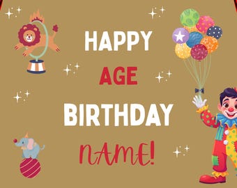 Banner de cumpleaños con temática de circo, decoración para fiestas de carnaval, plantilla editable de Canva (descarga digital)