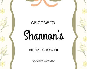 Sage Green Peach Floral Bridal Shower Welcome Sign Template (Editable Canva)