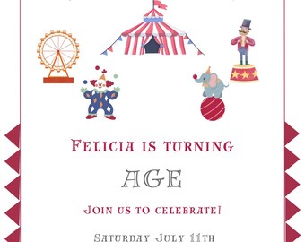 Paquete de invitaciones de cumpleaños con temática de circo y letreros de bienvenida, plantilla para fiesta de carnaval (descarga digital)