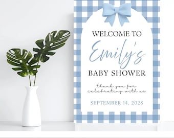 Blue Gingham Boy Baby Shower Welcome Sign