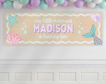 Our Little Mermaid Birthday Printable Banner Template | Editable in Canva | 2ft x 6ft | Digital Download ONLY