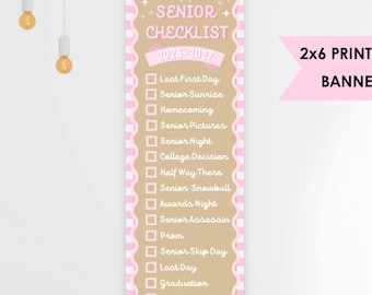 Banner imprimible con lista de verificación para estudiantes de último año / Plantilla de Canva de 2 x 6 pies (descarga digital)