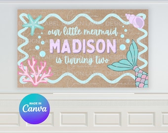 リトル・マーメイド バースデーバナー | Canvaで編集可能なサイン（デジタルダウンロード）