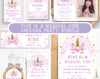 「Five Is A Magical Vibe」バースデーバンドル、パステルカラーのユニコーン招待状パッケージ、Canvaで編集