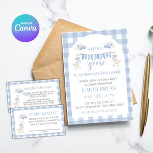 May include: A baby shower invitation suite featuring a blue gingham pattern and the text "A Little Goose is Almost on the Loose." Includes invitation, book request, and diaper raffle cards. The design incorporates goose illustrations and balloons.