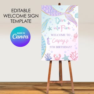 May include: A mermaid-themed welcome sign on a wooden easel. The sign features a pastel color scheme with mermaid tails, starfish, and the text "Dive into Five" and "Welcome to Casey's 5th Birthday!" The sign is an editable template made in Canva.