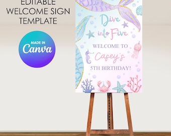 ダイブ・イントゥ・ファイブ・マーメイド・ウェルカムサインテンプレート、Canvaで編集