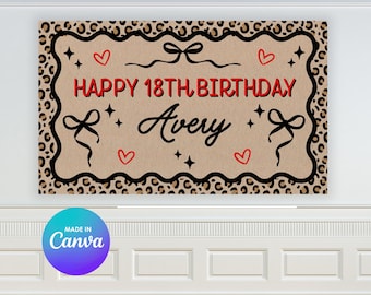 ヒョウ柄リボンのハッピーバースデーバナーテンプレート｜DIY Canvaサイン（デジタルダウンロード）