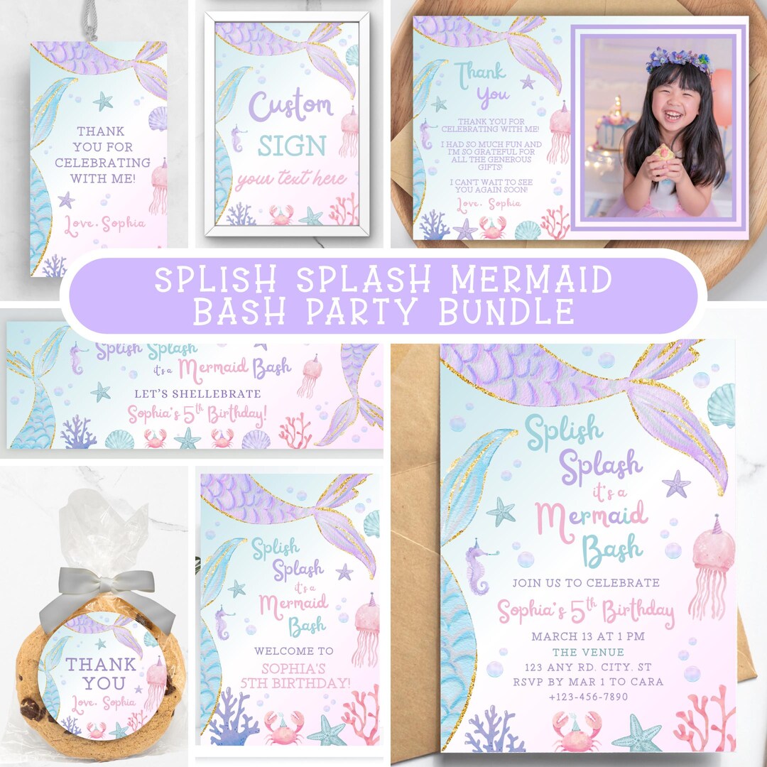 Mermaid Birthday Party Bundle, Splish Splash Mermaid Bash Invitation ...