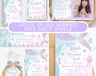 マーメイドバースデーパーティーバンドル、スプラッシュマーメイドバッシュ招待状パッケージ、Canvaで編集可能