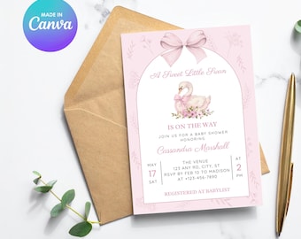 Swan Baby Shower Invitation, Pink Swan Invite, Canva Template